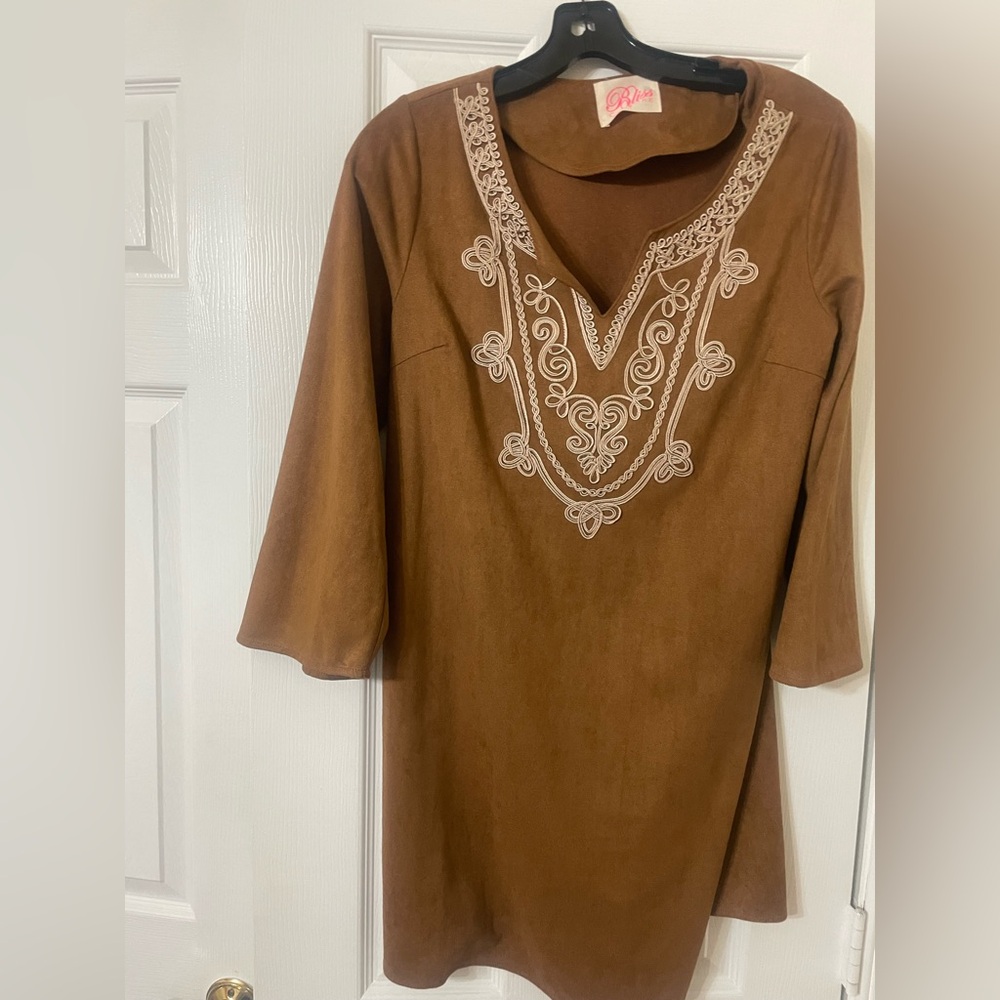 Suede-Look A-Line Dress in Rich Brown